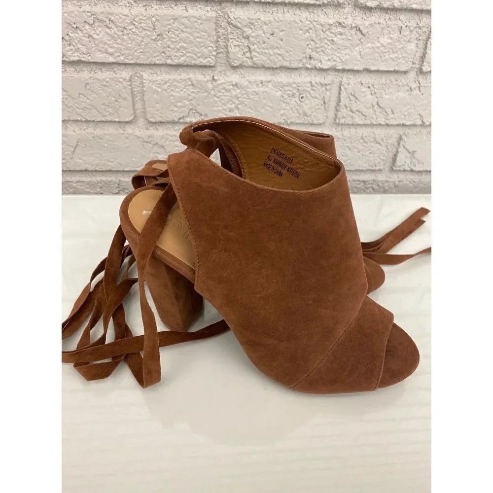 Rouge Helium Cognac Suede Ankle Tie Peep Toe Chunky Heel Size 8